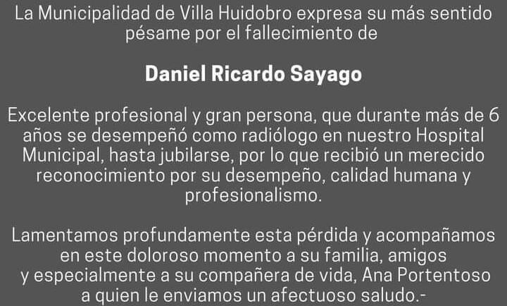 LA MUNICIPALIDAD DE VILLA HUIDOBRO EXPRESA SU MÁS SENTIDO PÉSAME