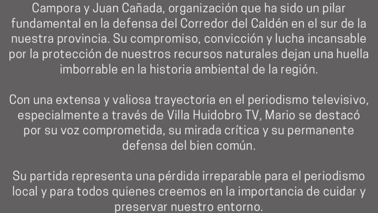 La Municipalidad de Villa Huidobro expresa su profundo pesar por el fallecimiento de Mario Adolfo Campo, reconocido periodista local y firme defensor del medio ambiente.