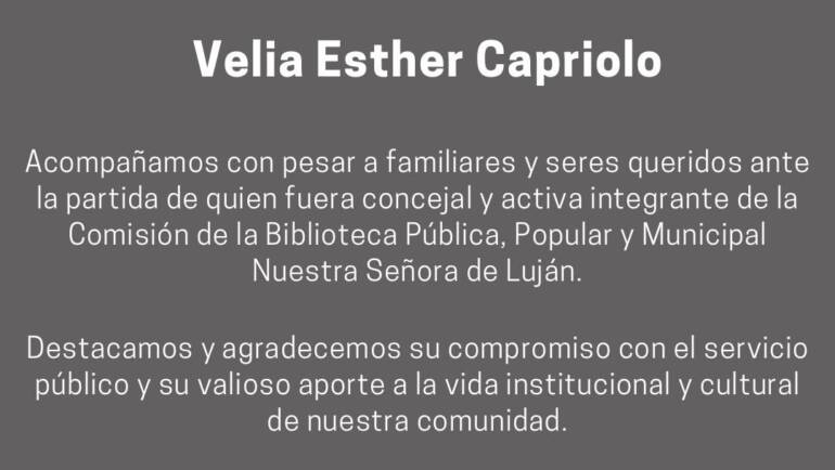 La Municipalidad de Villa Huidobro expresa su profundo pesar por el fallecimiento de Velia Esther Capriolo