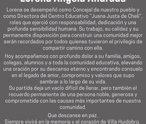 La Municipalidad de Villa Huidobro expresa su profundo pesar por el fallecimiento de Lorena Ángela Andrada.